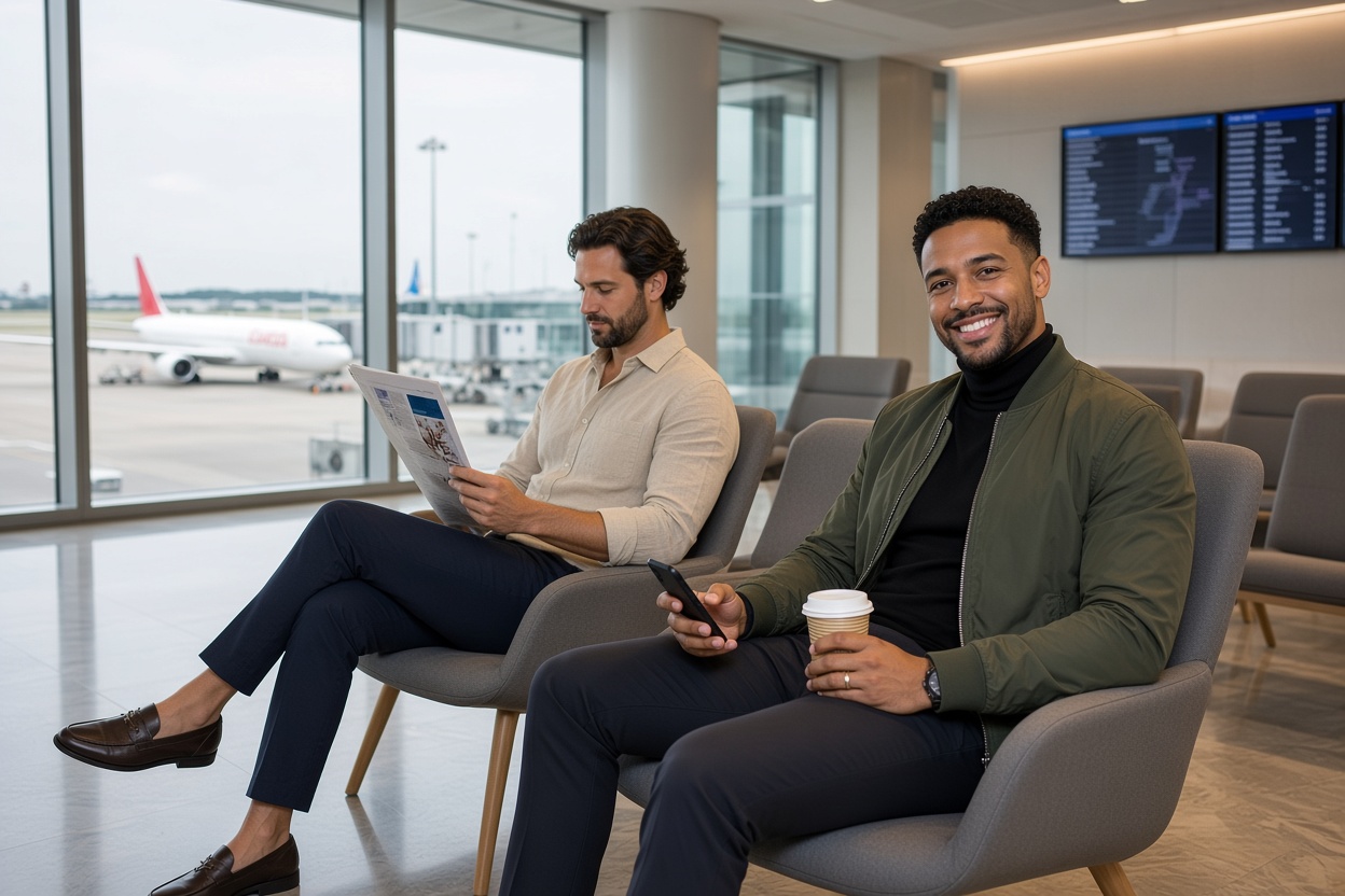Corporate professionals collaborating in airport lounge area