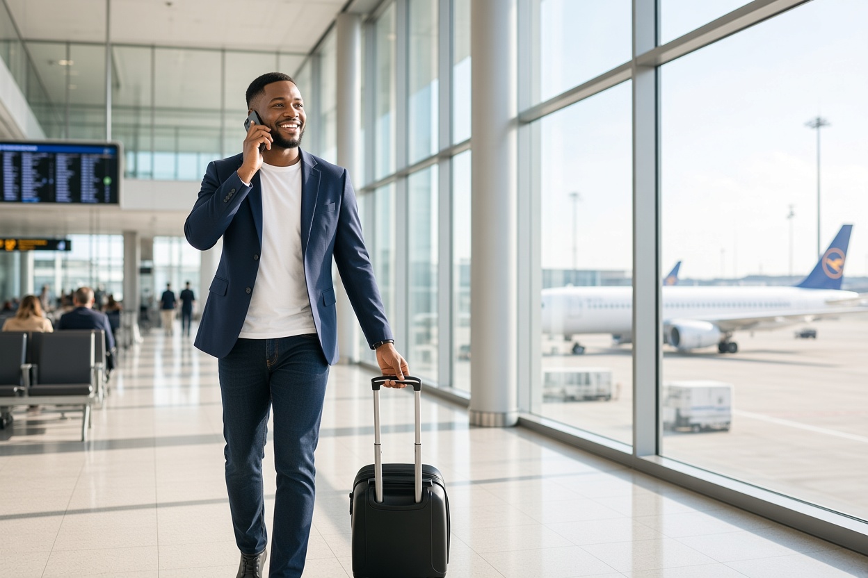 Business professional arriving with suitcase at airport terminal
